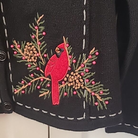 Norm Thompson Black Cotton Blend CARDINAL BIRD Beaded Novelty Sweater Women's 2X - Picture 5 of 12